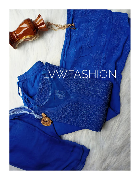 Luxury midnight blue Georgette 3-piece set by LVW Fashion with intricate Chikankari embroidery, elegant traditional attire.