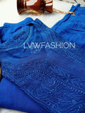Premium midnight blue georgette 3-piece set by LVW Fashion with intricate chikankari embroidery, elegant and luxurious design.