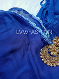 Luxurious midnight blue georgette 3-piece set by LVW Fashion with intricate chikankari embroidery, elegant and premium quality.
