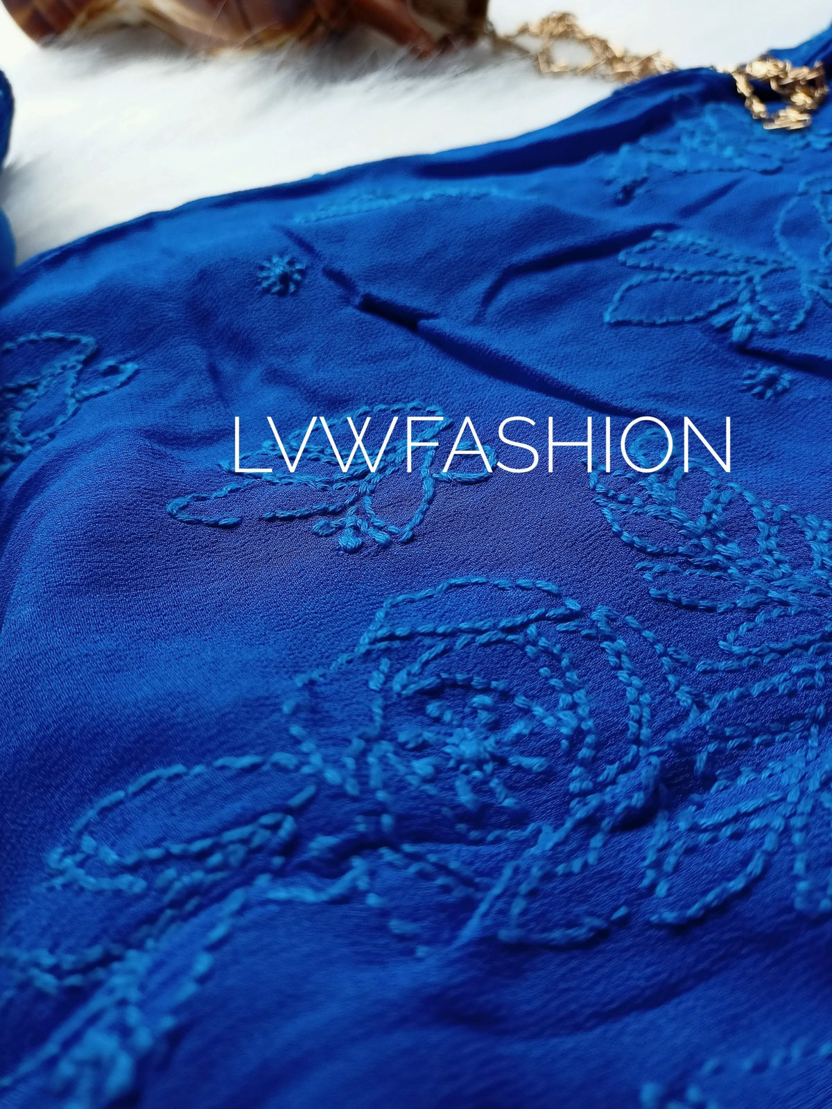 Premium midnight blue Georgette 3-piece set by LVW Fashion with intricate Chikankari embroidery, elegant and luxurious.