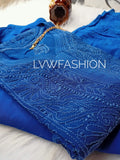 Premium midnight blue georgette 3-piece set from LVW Fashion Luxurious Chikankari featuring elegant fabric and intricate embroidery.