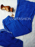 Premium midnight blue georgette 3-piece set by LVW Fashion with elegant chikankari embroidery, showcasing intricate detailing.