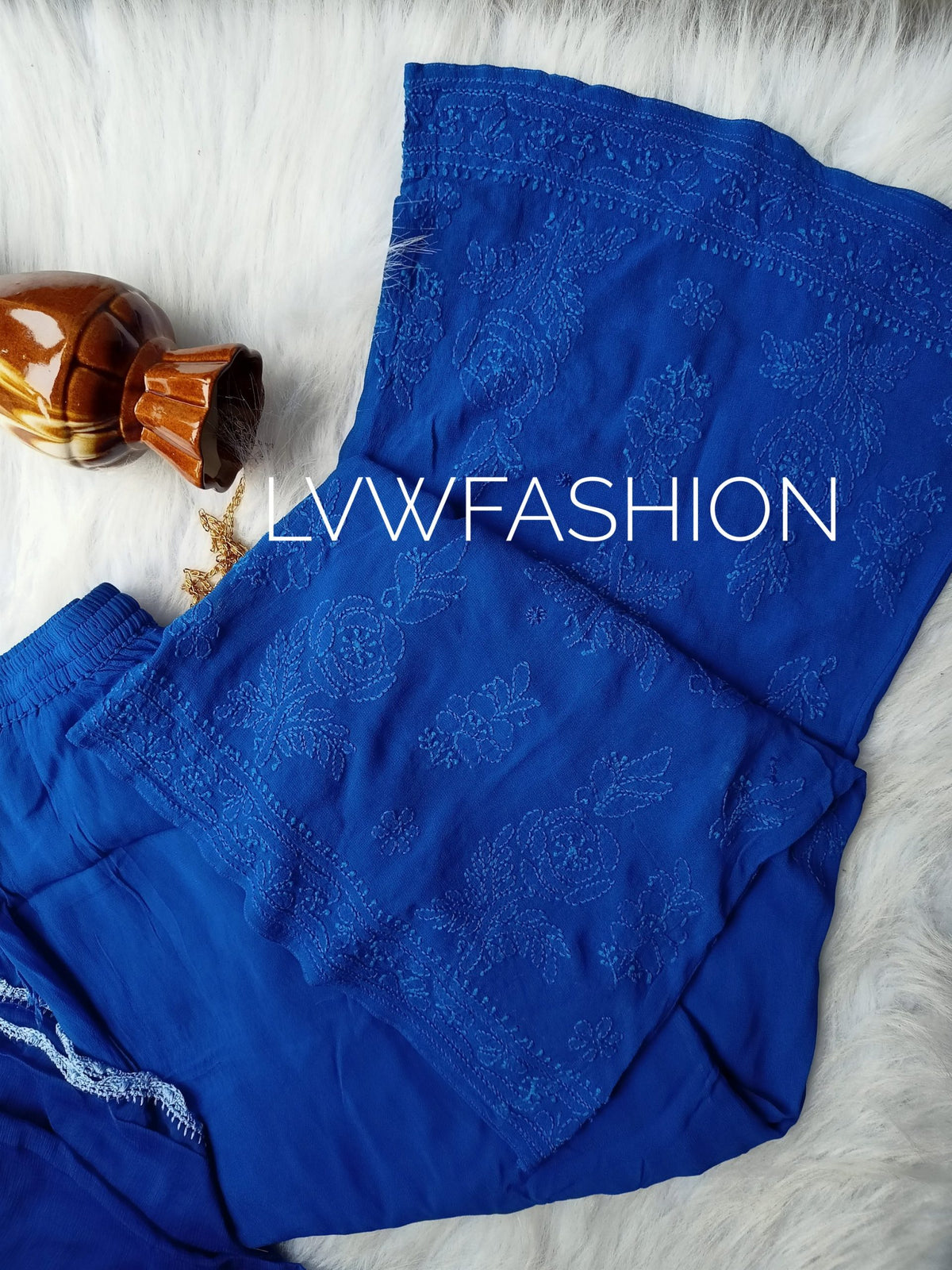 Luxurious midnight blue Georgette 3-piece set by LVW Fashion with intricate Chikankari embroidery, elegant and stylish.