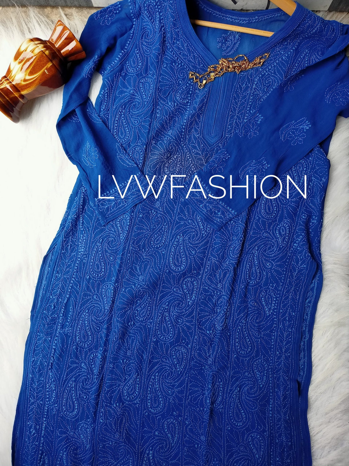 Premium midnight blue georgette 3-piece set by LVW Fashion with intricate chikankari embroidery, luxurious fabric and elegant design.