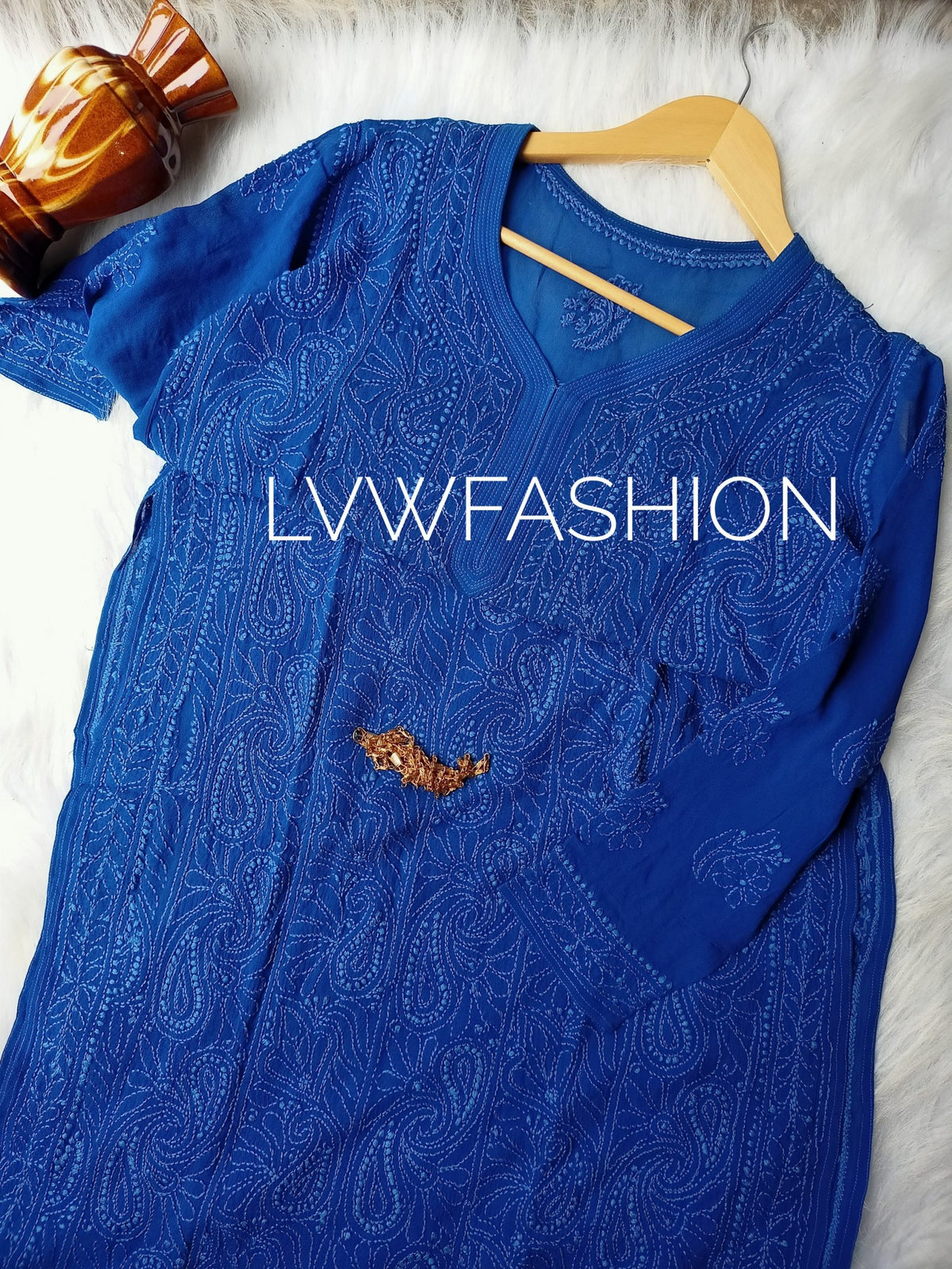 Luxurious midnight blue georgette 3-piece set with intricate chikankari embroidery from LVW Fashion.