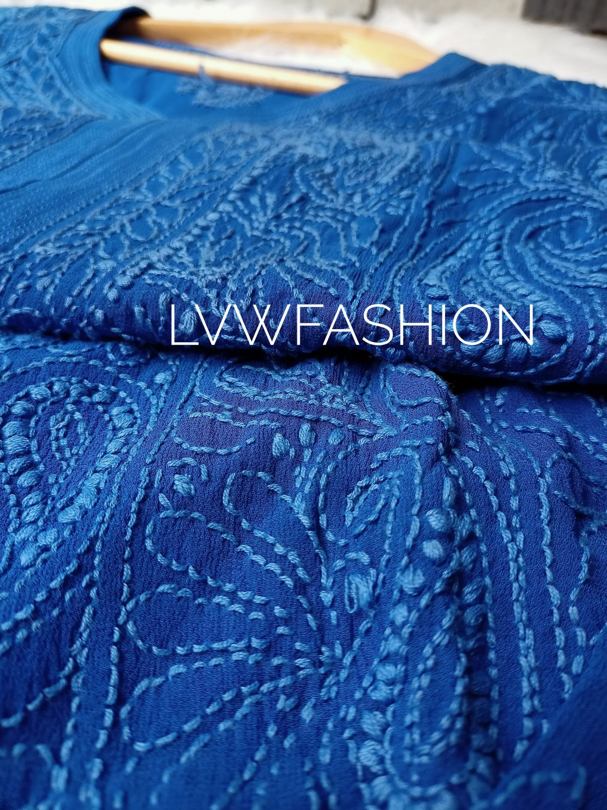 Luxurious midnight blue georgette 3-piece set by LVW Fashion with intricate chikankari embroidery, elegant and stylish for special occasions.