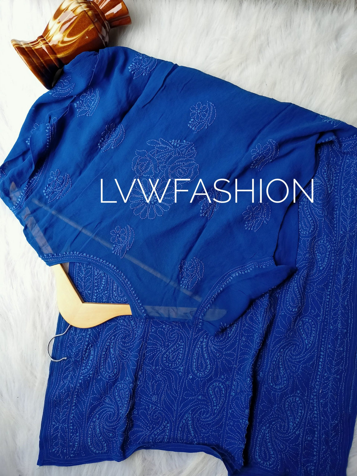 Premium midnight blue georgette 3-piece set by LVW Fashion with intricate chikankari embroidery and elegant design.