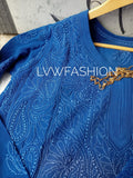 Premium midnight blue georgette 3-piece set by LVW Fashion Luxurious Chikankari, featuring intricate embroidery and elegant design.