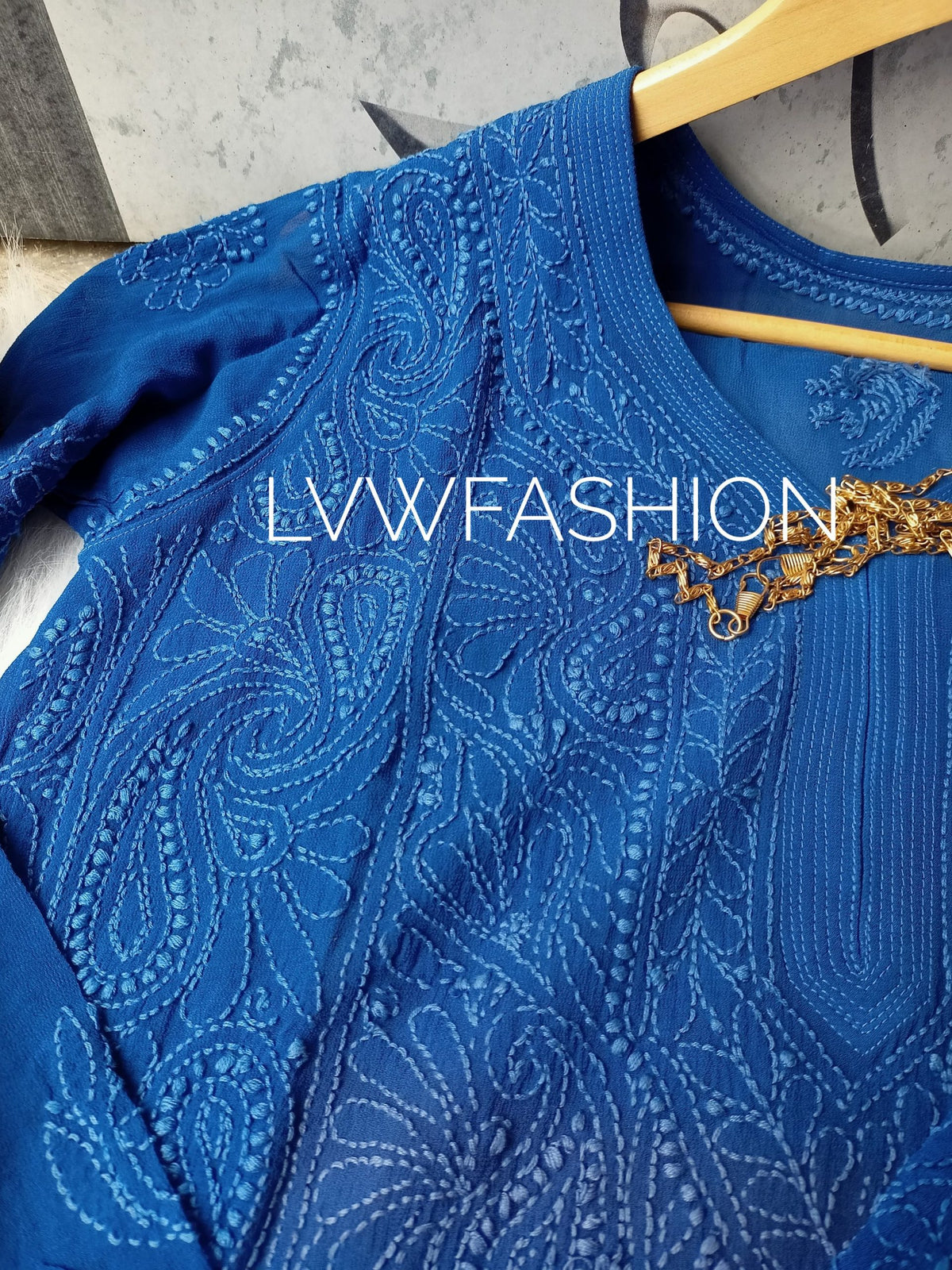Premium midnight blue georgette 3-piece set by LVW Fashion Luxurious Chikankari, featuring intricate embroidery and elegant design.