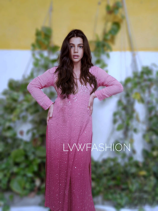 Luxurious LVW Fashion long kurta with ombre shading and chikankari embroidery, includes inner, stylish ethnic wear for women.