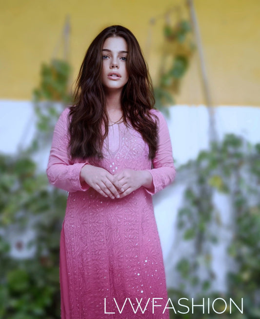 Luxurious LVW Fashion Chikankari long kurta with ombre shading and inner, showcasing intricate embroidery and elegant design.