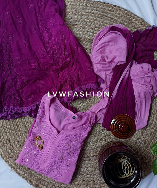 Premium purple ombre dyed 3-piece set by LVW Fashion featuring luxurious chikankari embroidery and elegant fabric details.