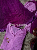 Premium purple ombre dyed 3-piece set by LVW Fashion Luxurious Chikankari, featuring elegant fabric and intricate embroidery details.