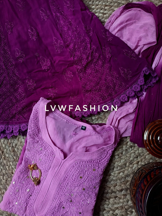 Luxurious LVW Fashion Chikankari purple ombre dyed 3-piece set with intricate embroidery, displayed on a neutral background.