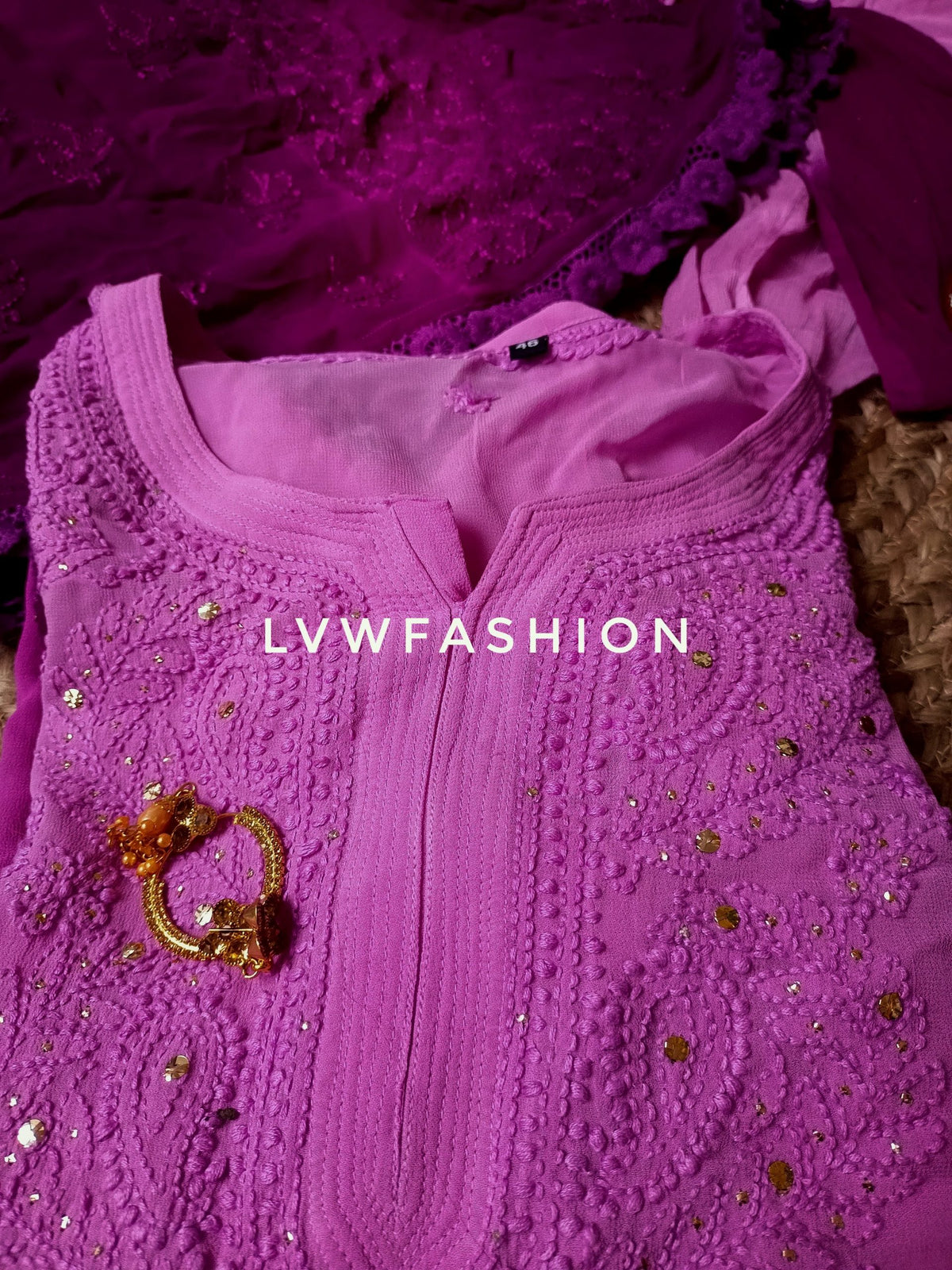 Luxurious purple ombre dyed 3-piece set by LVW Fashion, featuring elegant Chikankari embroidery on the fabric.