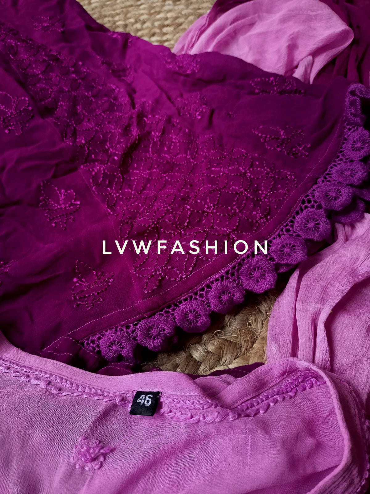 Premium purple ombre dyed 3-piece set by LVW Fashion Luxurious Chikankari featuring elegant embroidery and luxurious fabric.