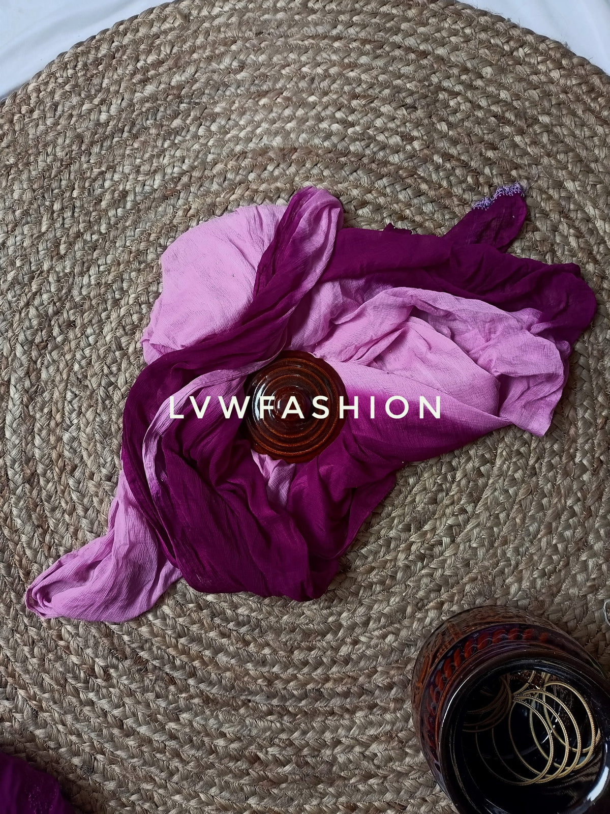 Luxurious purple ombre dyed 3-piece set by LVW Fashion, featuring intricate chikankari embroidery and elegant fabric details.