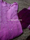 Premium purple ombre dyed 3-piece set by LVW Fashion Luxurious Chikankari, featuring intricate traditional embroidery.
