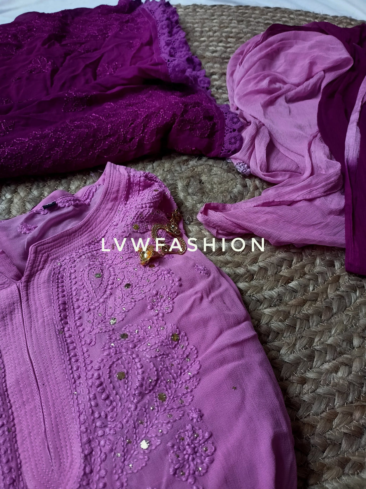 Luxurious purple ombre dyed 3-piece set by LVW Fashion, featuring elegant Chikankari embroidery and premium fabric craftsmanship.