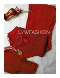 Luxurious red georgette 3-piece set with intricate chikankari embroidery from LVW Fashion, showcasing traditional craftsmanship.