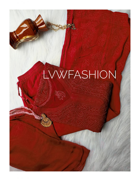 Luxurious red georgette 3-piece set by LVW Fashion with intricate chikankari embroidery, featuring a traditional and elegant design.