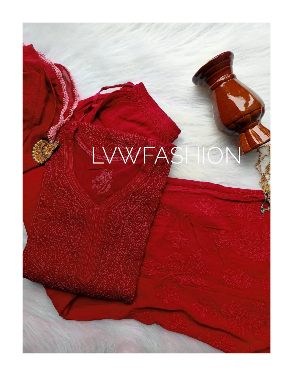 Luxurious red georgette 3-piece set by LVW Fashion with intricate chikankari embroidery, elegant and premium traditional attire.