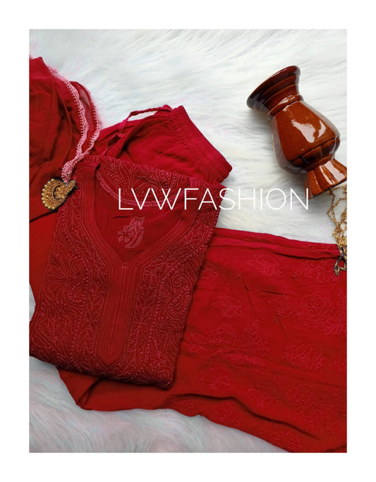 Luxurious red Georgette 3-piece set with intricate Chikankari embroidery by LVW Fashion, displayed on a neutral background