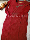 Luxurious red georgette 3-piece set by LVW Fashion with intricate chikankari embroidery, elegant traditional attire.