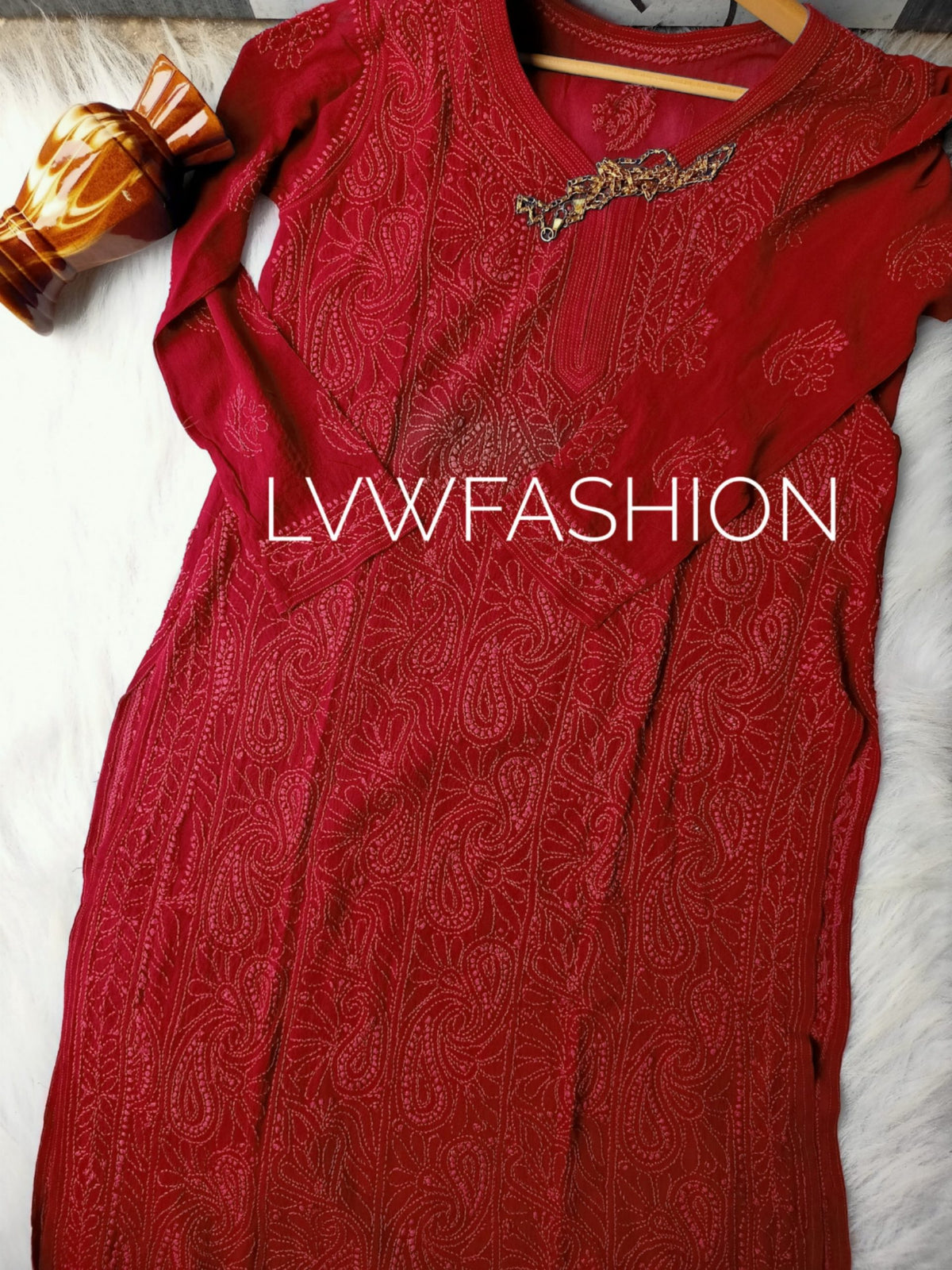 Luxurious red georgette 3-piece set by LVW Fashion with intricate chikankari embroidery, elegant traditional attire.