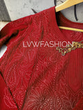 Premium red georgette 3-piece set by LVW Fashion with intricate chikankari embroidery, perfect for elegant traditional wear.
