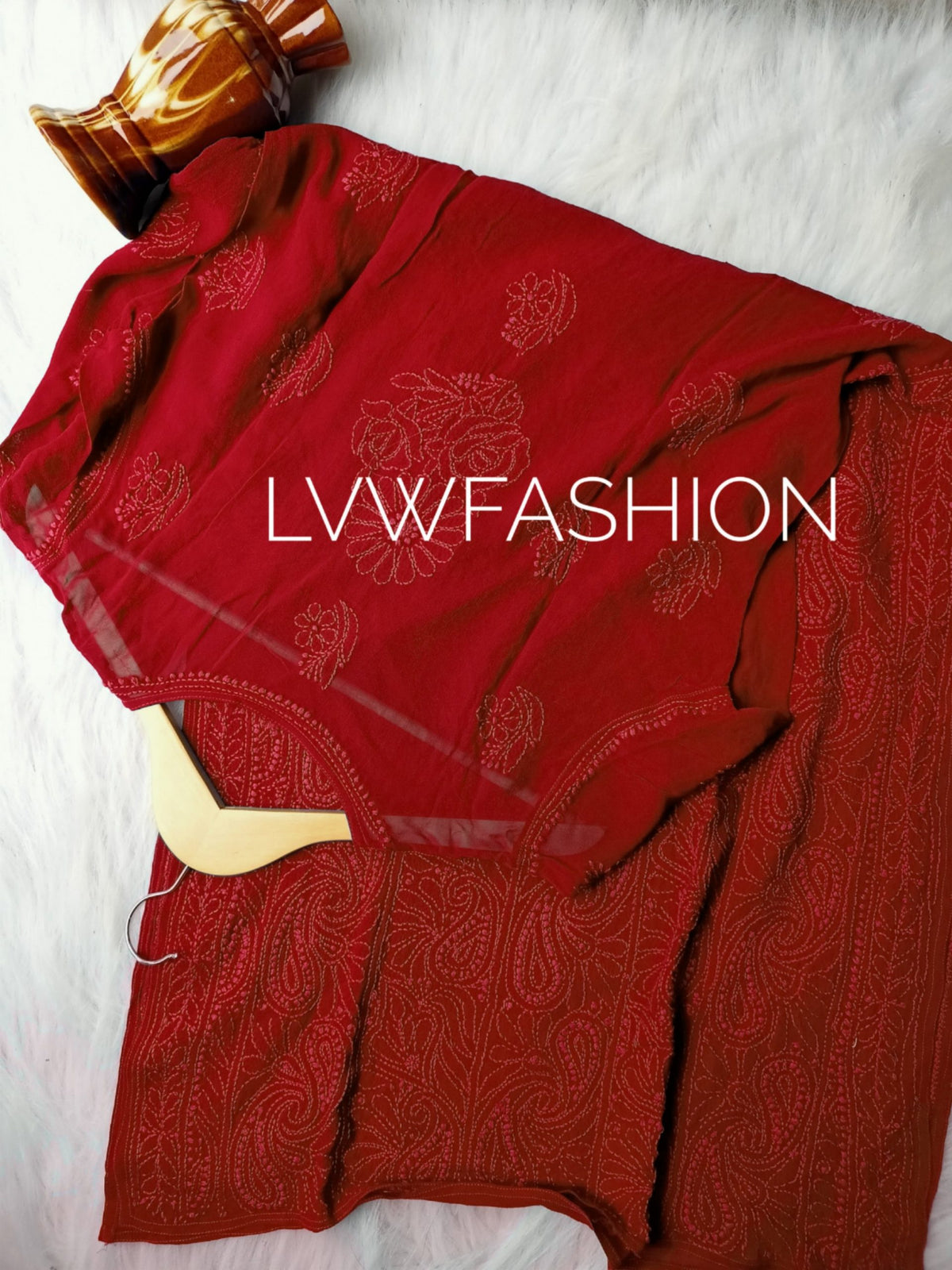 Luxurious red georgette 3-piece set by LVW Fashion with intricate chikankari embroidery, elegant and stylish ensemble.