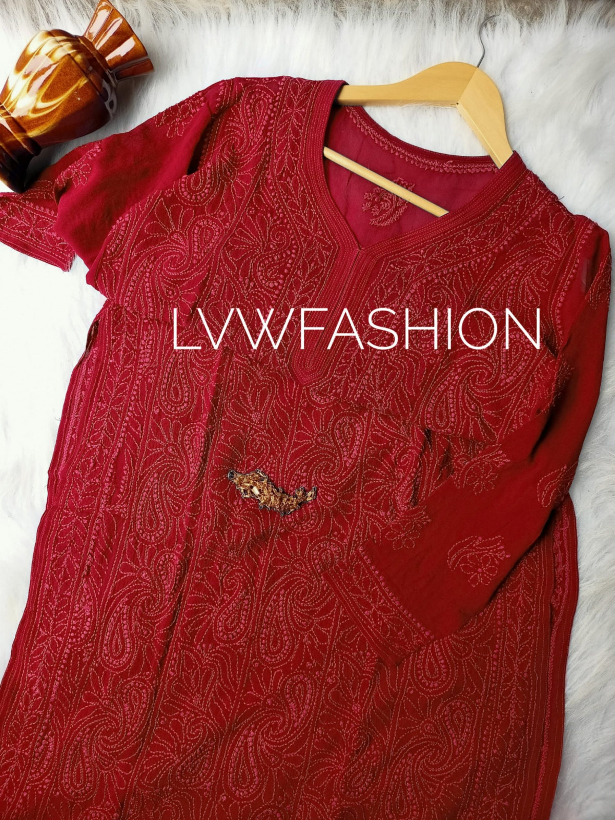 Luxurious red georgette 3-piece set by LVW Fashion with intricate chikankari embroidery, elegant traditional attire.