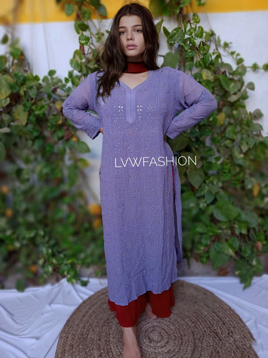 Luxurious LVW Fashion violet and maroon contrast 3-piece set with intricate chikankari embroidery, stylish and elegant.