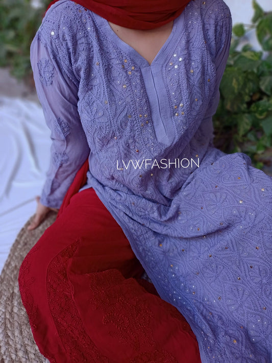 Premium violet and maroon contrast 3-piece set by LVW Fashion in luxurious Chikankari fabric, displayed on a hanger.