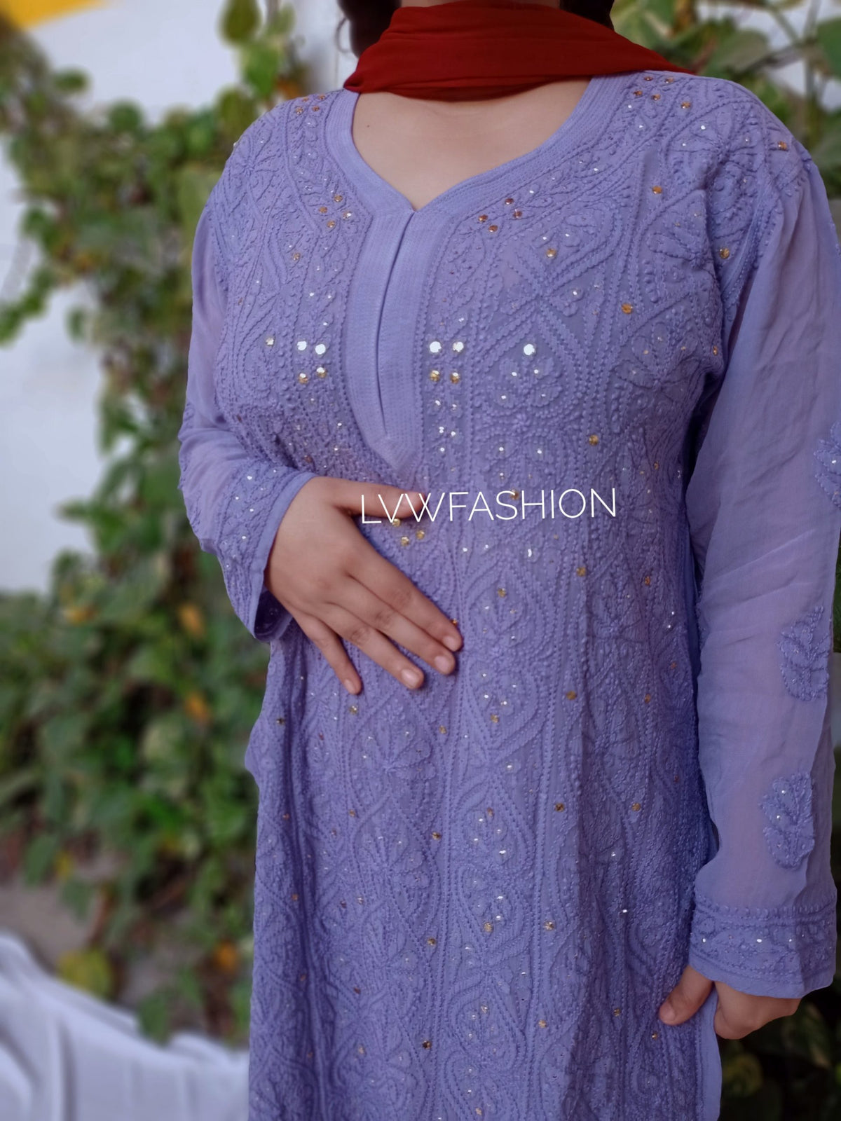Luxurious LVW Fashion Chikankari 3-piece set in premium violet and maroon contrast with intricate embroidery details.