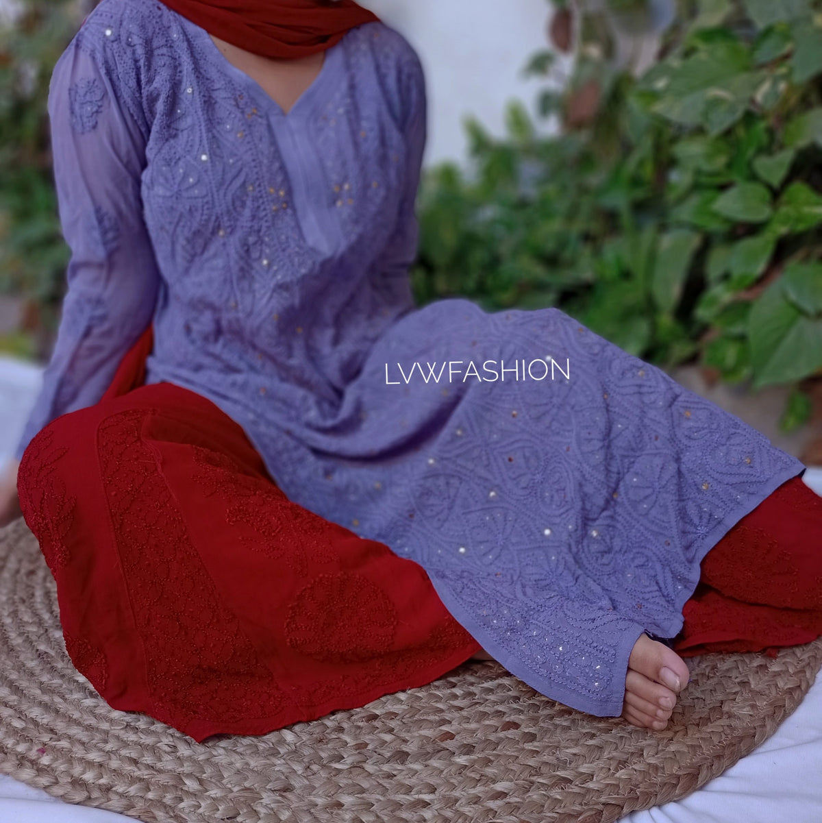 Luxurious violet and maroon contrast 3-piece set by LVW Fashion, featuring intricate Chikankari embroidery.