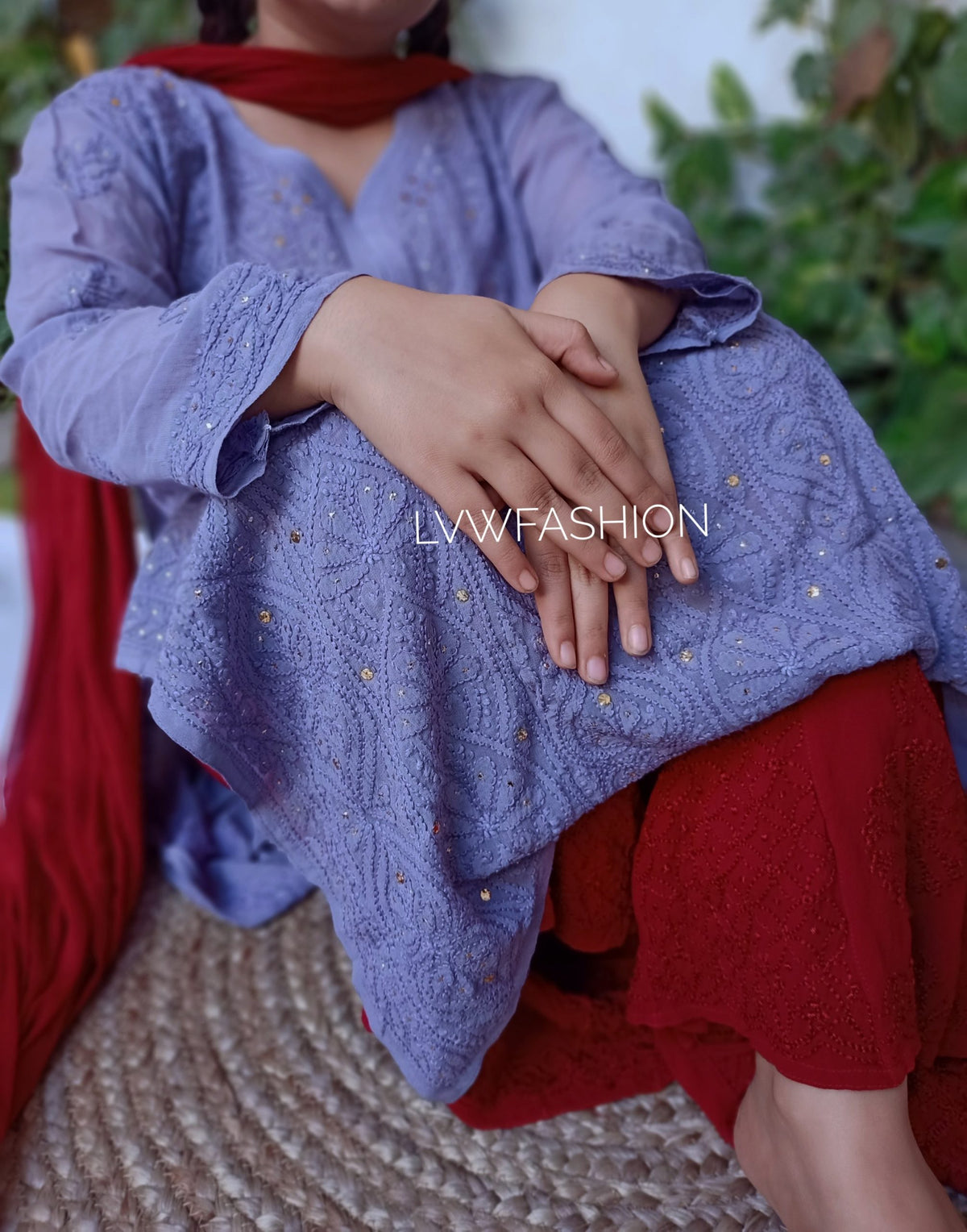 Premium violet and maroon contrast 3-piece set by LVW Fashion, featuring luxurious Chikankari embroidery and elegant design.