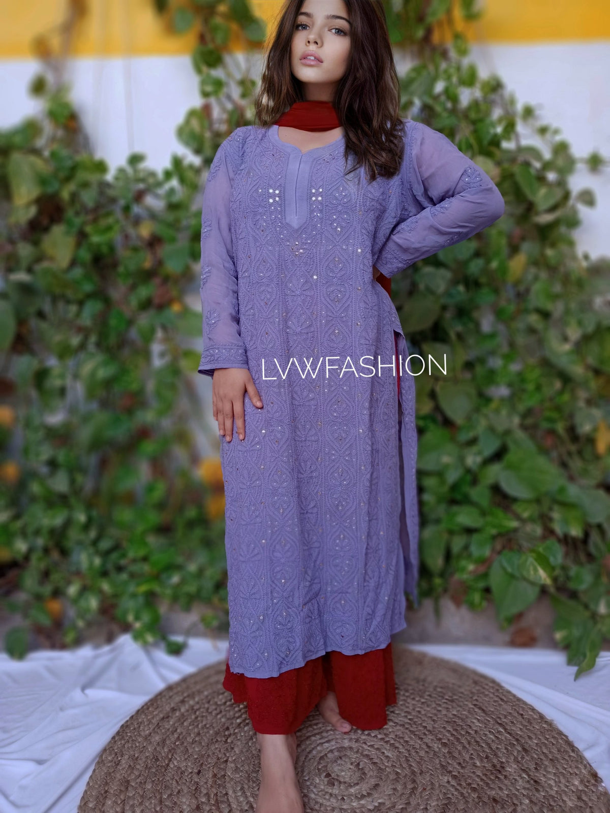 Luxurious LVW Fashion Chikankari 3-piece set in premium violet and maroon contrast, featuring intricate embroidery and elegant design.