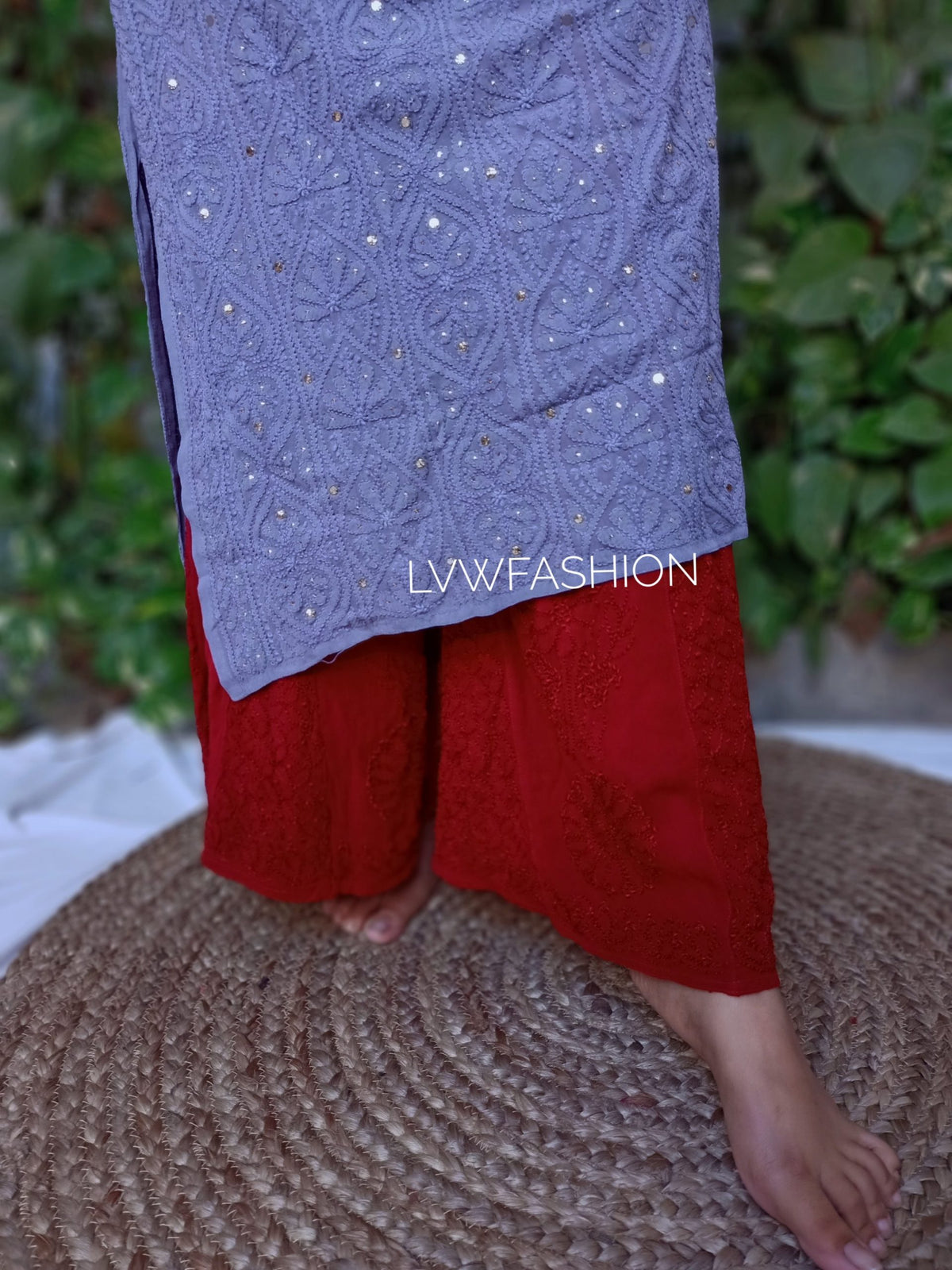 Luxurious LVW Fashion violet and maroon contrast 3-piece set featuring intricate chikankari embroidery, perfect for elegant occasions.