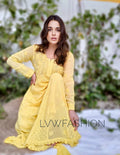 Luxurious yellow georgette 3-piece sharara set by LVW Fashion with intricate chikankari embroidery, perfect for festive occasions.