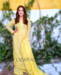 Luxurious yellow georgette 3-piece sharara set with intricate chikankari embroidery from LVW Fashion.