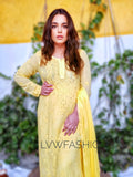 Premium yellow georgette sharara set with intricate chikankari embroidery, three-piece fashion ensemble from LVW Fashion.