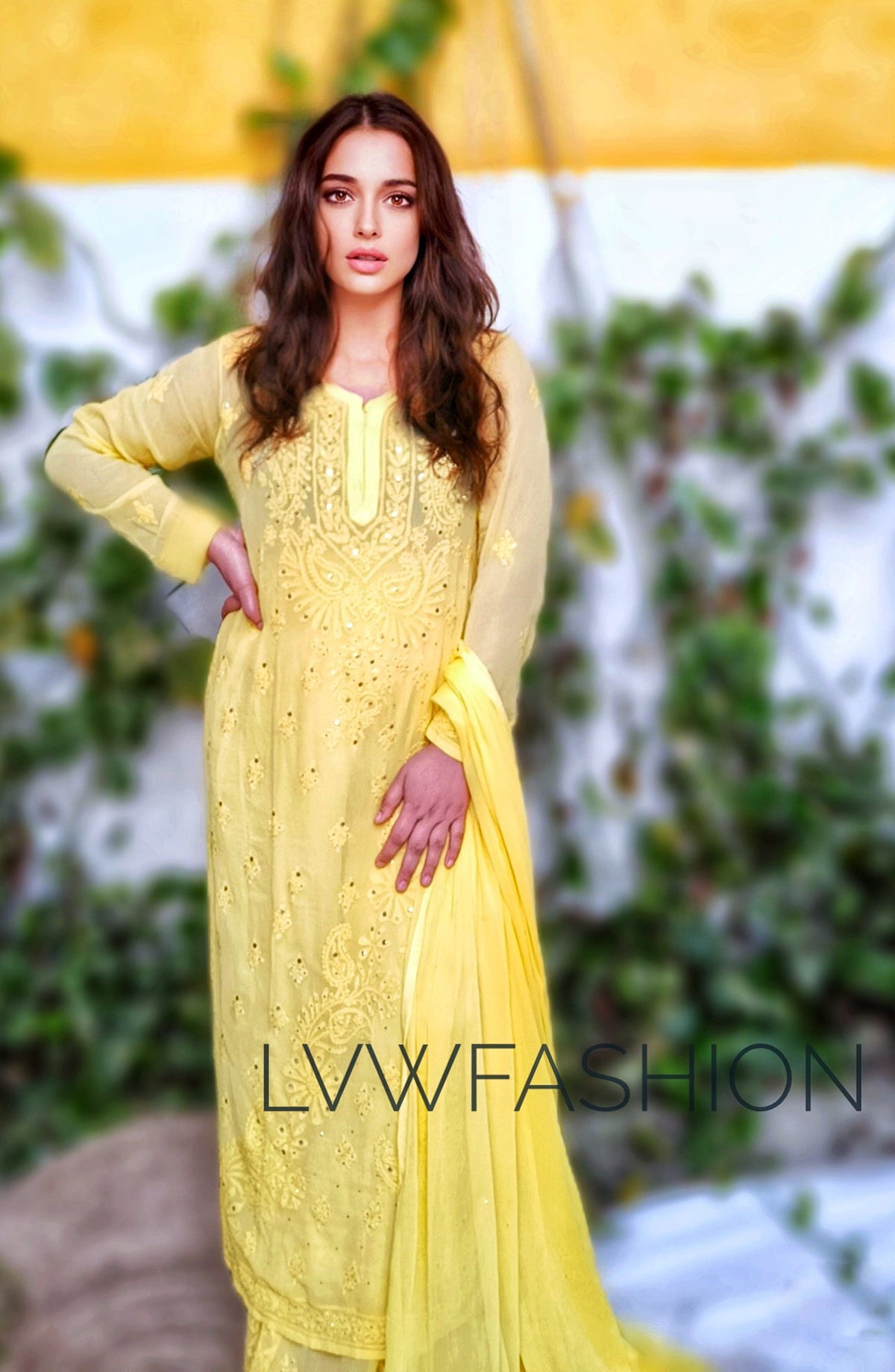 Yellow georgette 3-piece sharara set with intricate chikankari embroidery from LVW Fashion Luxurious Chikankari.