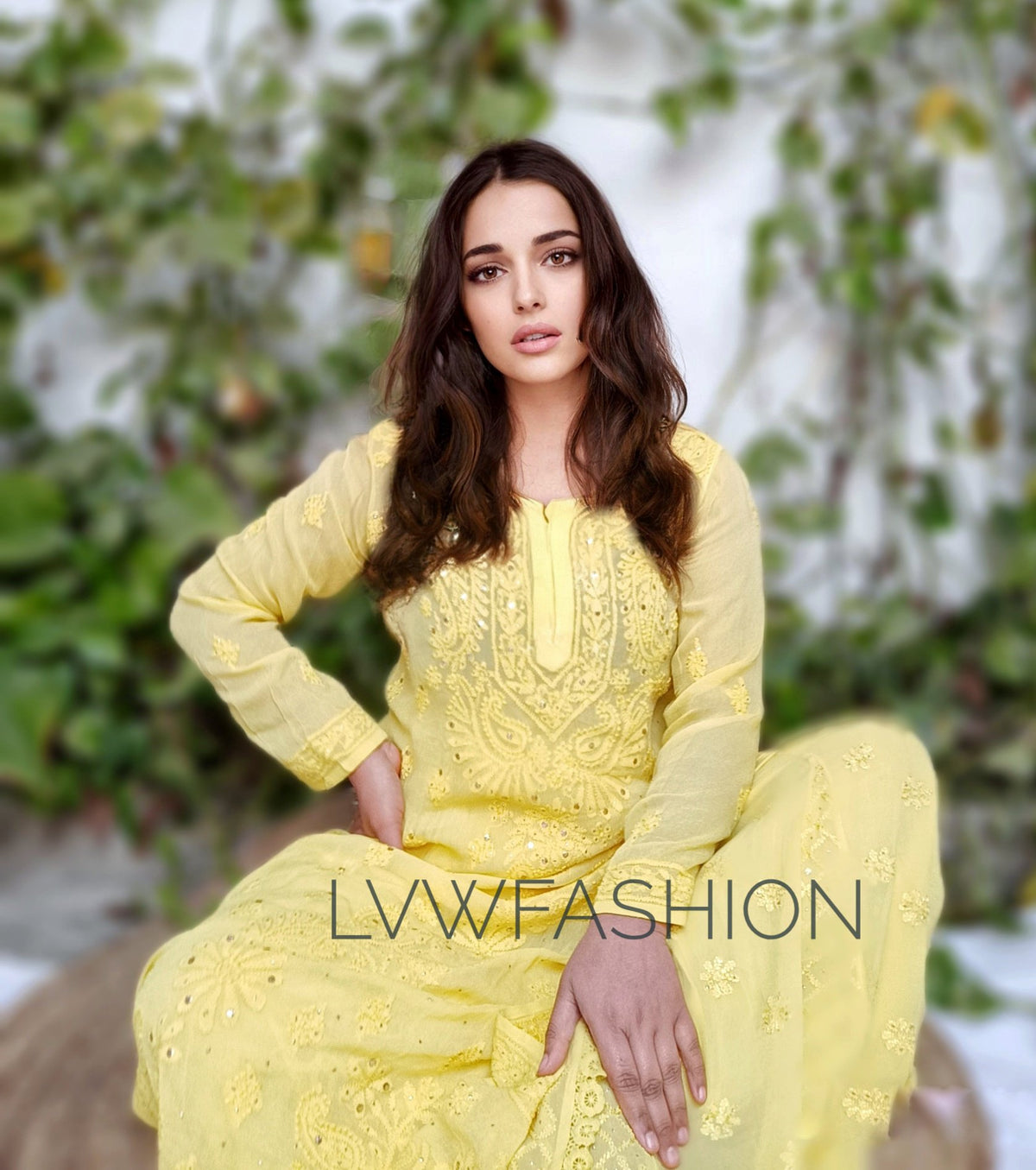 Premium yellow georgette 3-piece sharara set with intricate Chikankari embroidery by LVW Fashion Luxurious.