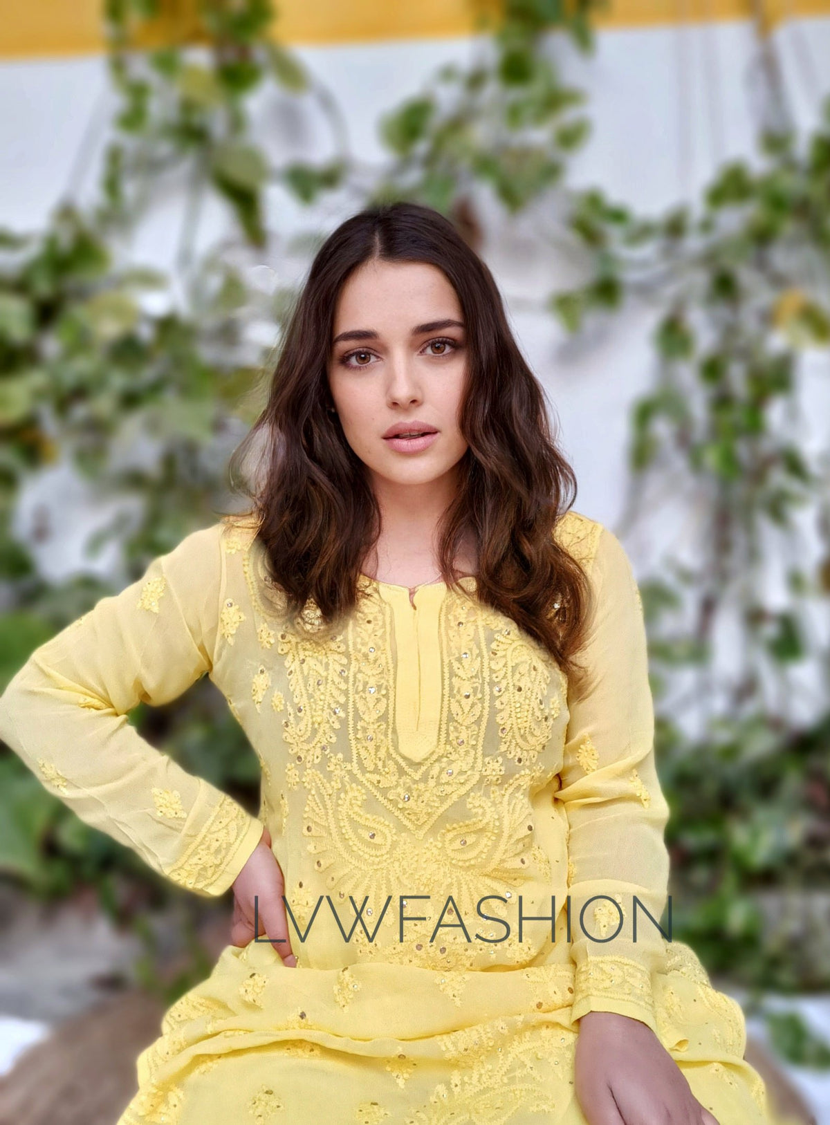 Premium yellow georgette sharara set with intricate chikankari embroidery, three-piece traditional outfit by LVW Fashion.