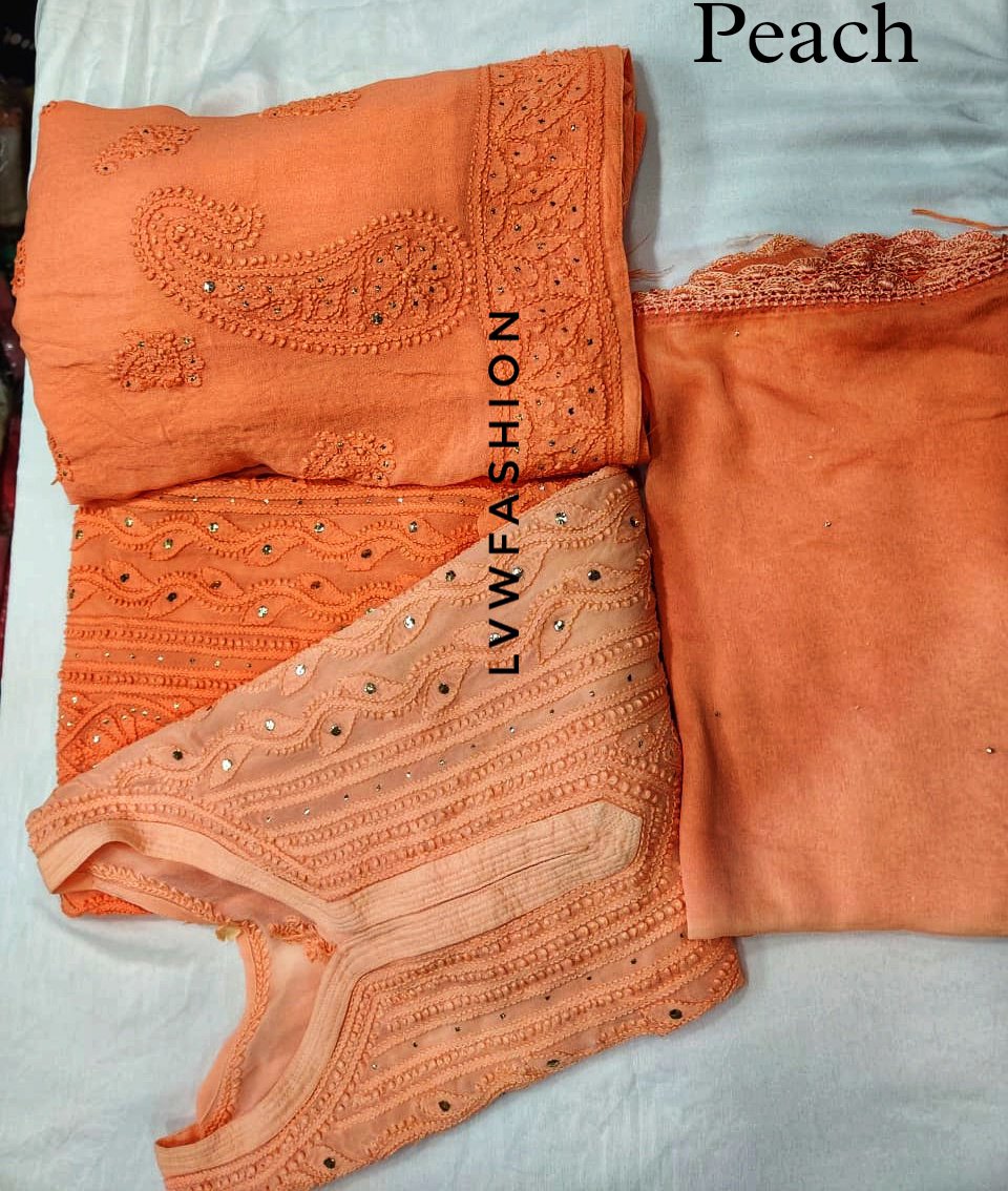 Colorful premium georgette 3-piece set by LVW Fashion Luxurious Chikankari featuring vibrant red and intricate detailing.