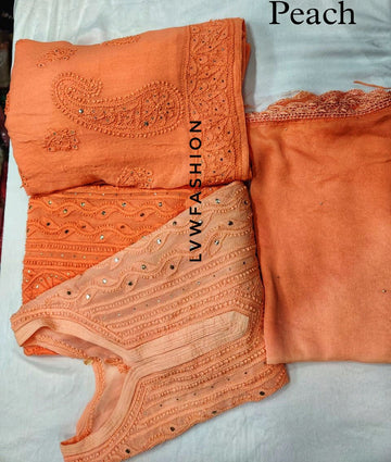 Colorful premium georgette 3-piece set by LVW Fashion Luxurious Chikankari featuring vibrant red and intricate detailing.