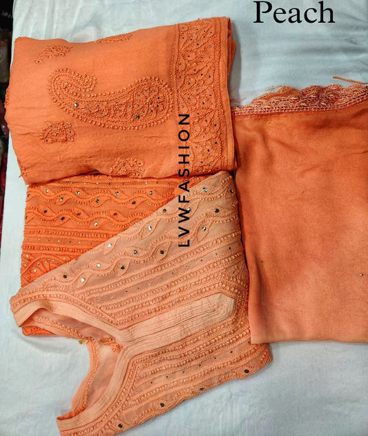 Colorful premium georgette 3-piece set by LVW Fashion featuring intricate chikankari embroidery and vibrant fabric details.