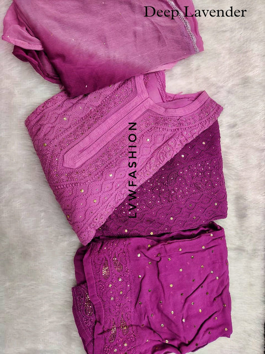 Colorful LVW Fashion Luxurious Chikankari georgette 3-piece set with intricate embroidery and vibrant design.