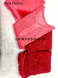 Colorful premium georgette 3-piece set by LVW Fashion, featuring intricate Chikankari embroidery in vibrant red.